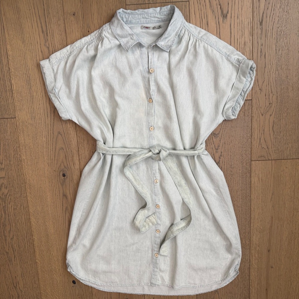 Faherty Denim‎ Chambray Shirt Dress Belt Collared Short Sleeve Linen Blend Large